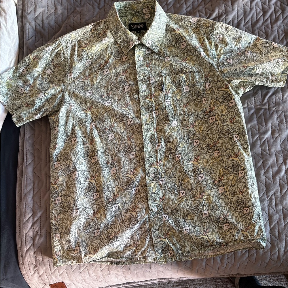 Ripndip Light Green Tropical/Hidden Cat Print Short Sleeve Button-Up Shirt